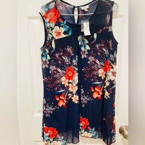 NWT Avenue 14/16 Two Layers Navy and Pink Floral Mesh Blouse